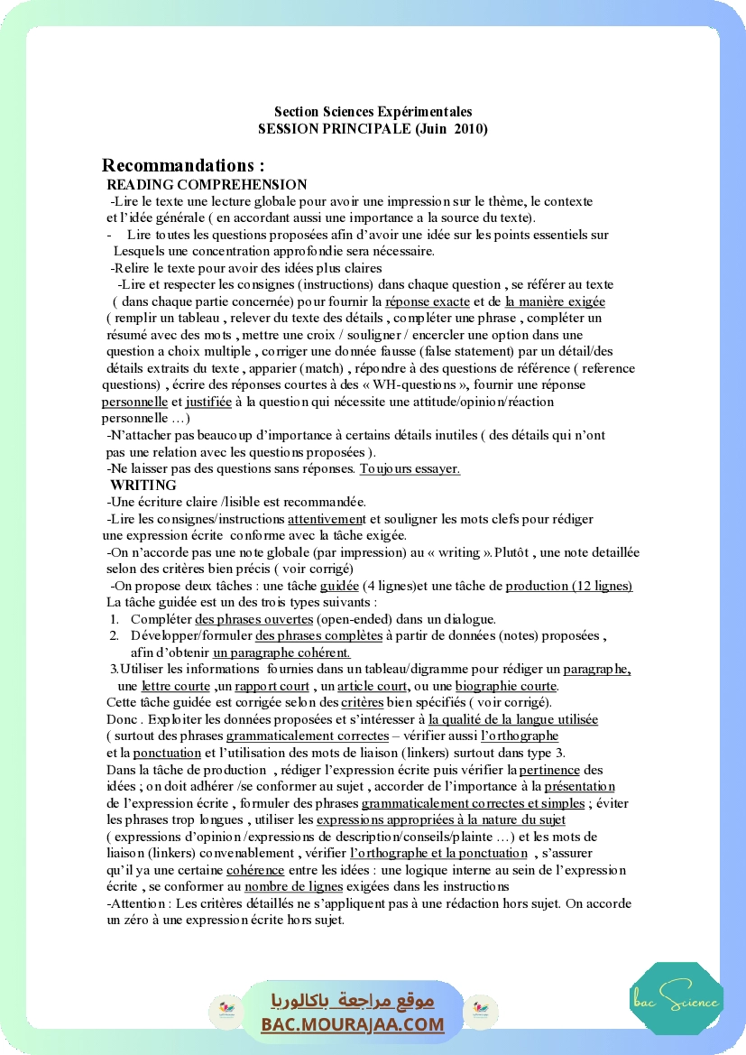 Corrigé principale anglais Bac 2010 – Section science